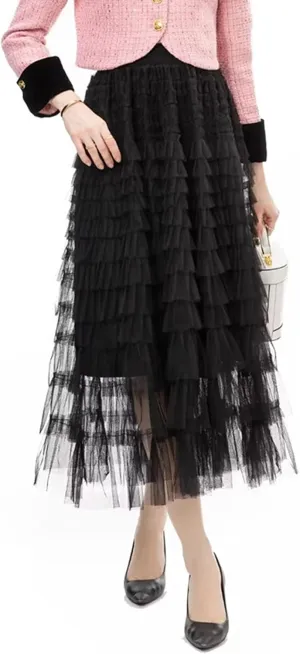 Tulle Long Skirt for Women Layered Ruffle Tutu Skirt Elastic Tiered Pleated Mesh A-Line Midi Skirts Prom Wedding