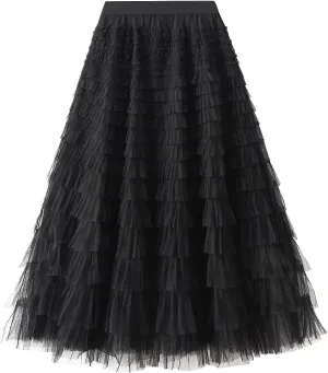 Tulle Long Skirt for Women Layered Ruffle Tutu Skirt Elastic Tiered Pleated Mesh A-Line Midi Skirts Prom Wedding