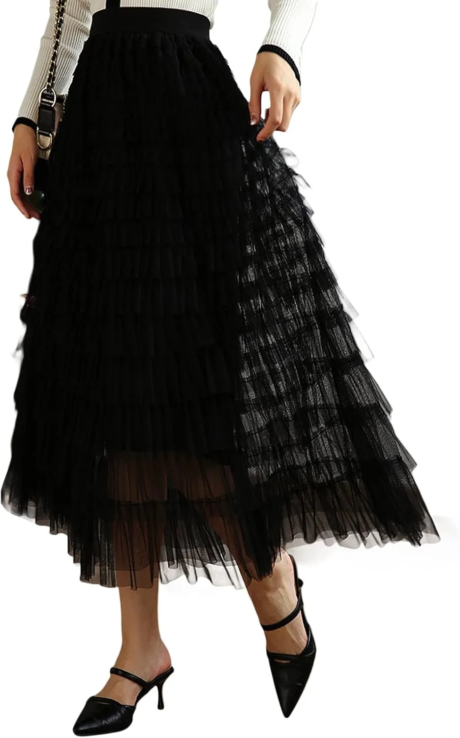 Tulle Long Skirt for Women Layered Ruffle Tutu Skirt Elastic Tiered Pleated Mesh A-Line Midi Skirts Prom Wedding