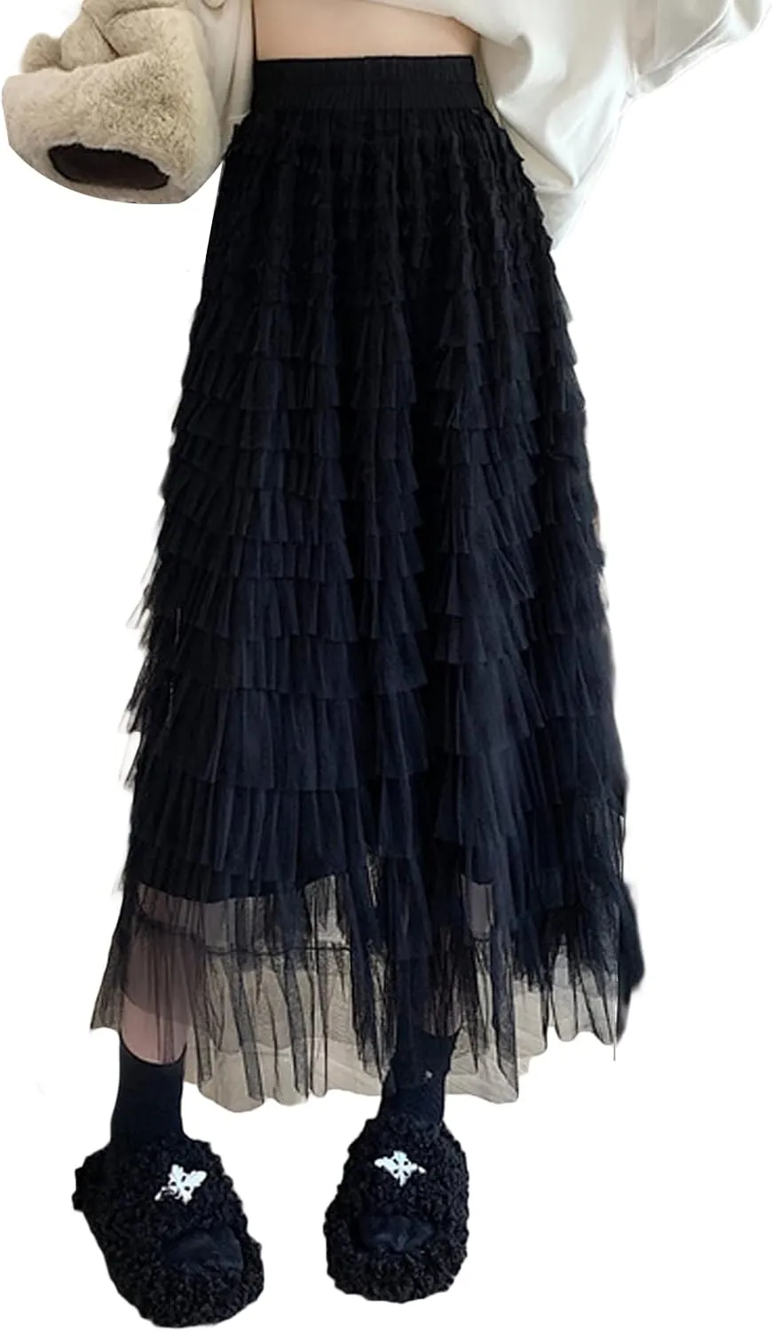 Tulle Long Skirt for Women Layered Ruffle Tutu Skirt Elastic Tiered Pleated Mesh A-Line Midi Skirts Prom Wedding