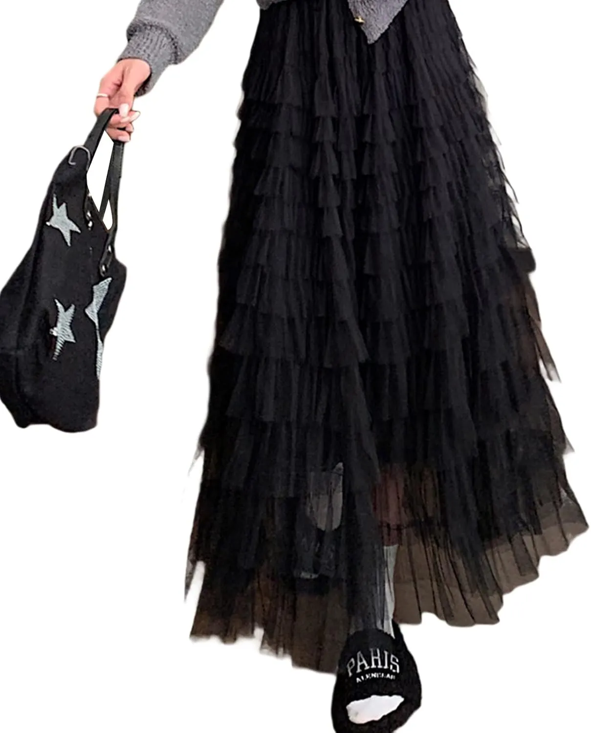 Tulle Long Skirt for Women Layered Ruffle Tutu Skirt Elastic Tiered Pleated Mesh A-Line Midi Skirts Prom Wedding