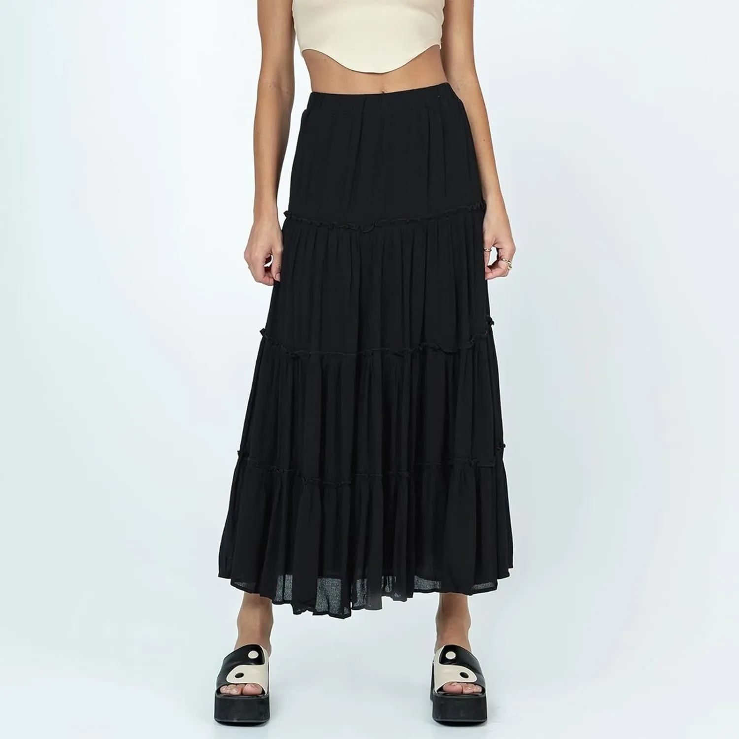 UAURORAO Women Y2k High Waist Pleated Maxi Dress Tiered A Line Flowy Ruffle Long Skirts Summer Beach Swing Skirts