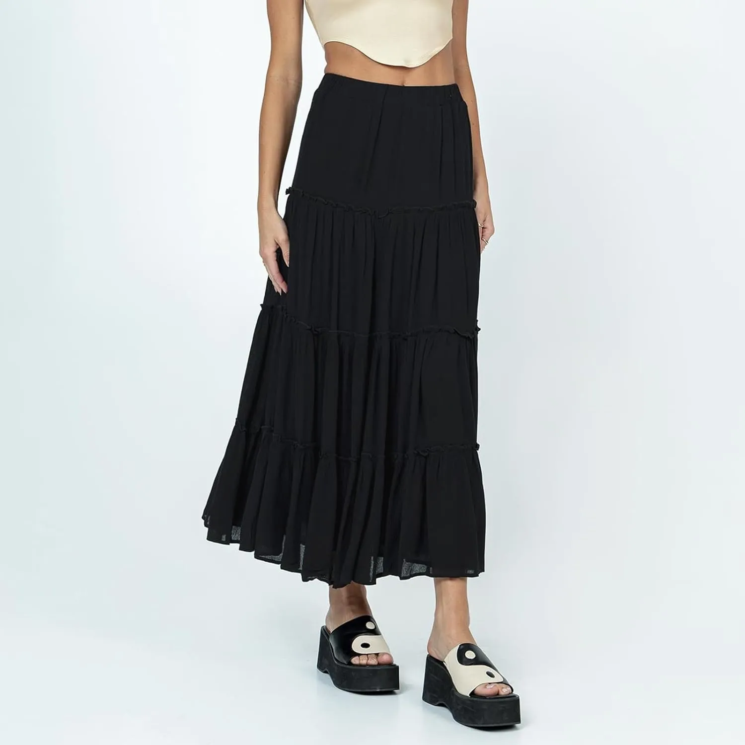 UAURORAO Women Y2k High Waist Pleated Maxi Dress Tiered A Line Flowy Ruffle Long Skirts Summer Beach Swing Skirts