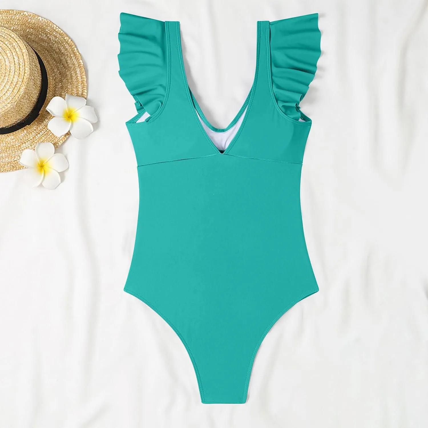 Uillui Women's Ruffle One Piece Swimsuit Front Twist V Neck Tummy Control Bathing Suits High Cut Cutout Backless Swimwear