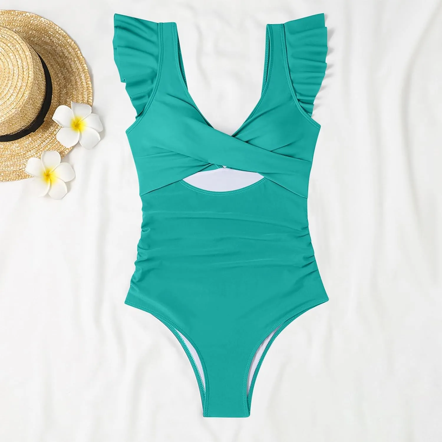 Uillui Women's Ruffle One Piece Swimsuit Front Twist V Neck Tummy Control Bathing Suits High Cut Cutout Backless Swimwear