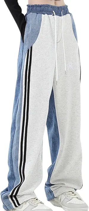 Unybwonn Women Patchwork Sweatpant Jeans Two Tone Striped High Waist Baggy Cargo Pants Straight Wide Leg Y2k Trousers