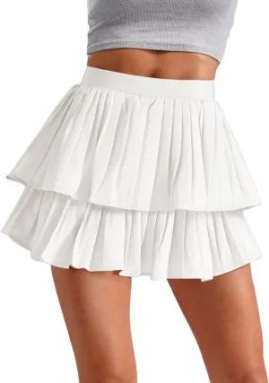 Vxuxlje Women's High Waist Pleated A-line Mini Skirts Double Layered Ruffled Skirts Culotte