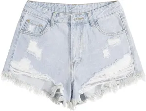 WDIRARA Women's High Waist Ripped Raw Hem Stretchy Denim Shorts with Pockets