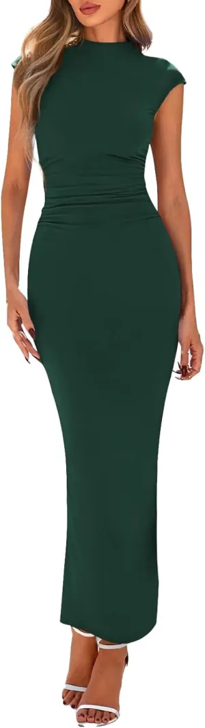 Wedding Guest Dress Casual Maxi Long Dress Crewneck Ruffle Waist Bodycon Summer Beach Vacation Sundress 2025