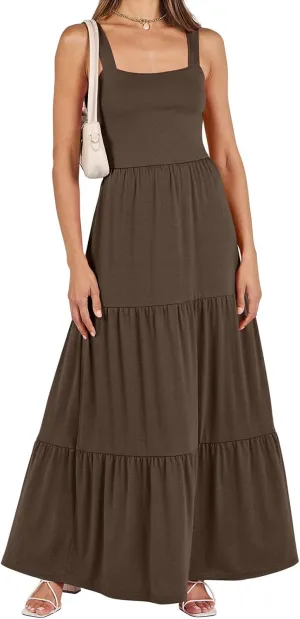 Wedding Guest Dress for Women Summer Sleeveless Tank Dress Solid Color Tiered Sundress Waist Wrop Formal Dresses