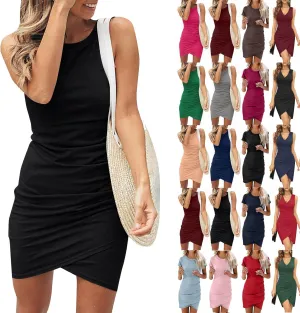 Wedding Guest Dresses for Women Ruched Bodycon Party Summer Dress Solid Pencil Sleeveless Basic Club Mini Dresses