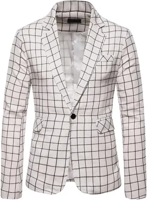 White Plaid Suit Blazer Men Casual Blazer Jacket Slim Fit Single Button Blazers