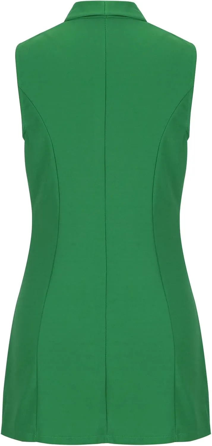 Wkishenl Blazer Dress for Women Business Casual Sleeveless Long Blazers Solid Color Lapel Open Front Jackets with Pockets