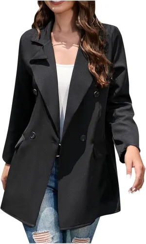 Wkishenl Womens Blazers for Work Professional Solid Long Sleeve Blazer Casual Lapel Long Cardigan Jacket Trendy Business Suit