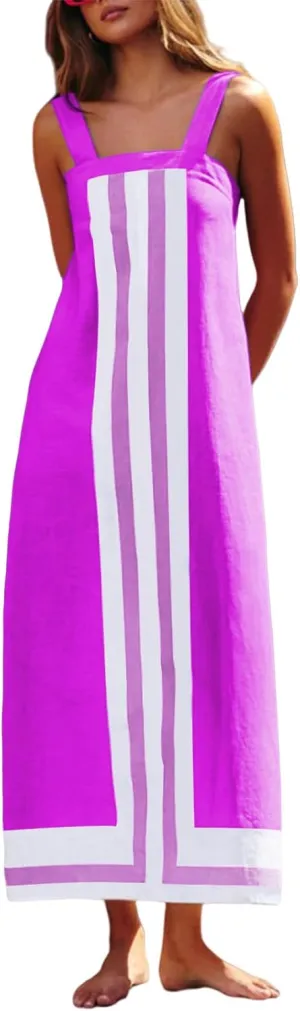 Women Bohemian Dresses Summer Flowy Floral Print Square Neck Sleeveless Strap Maxi Dress Casual Color Block Sundress