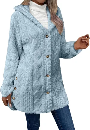 Women Fuzzy Fleece Hooded Jacket 2024 Trendy Argyle Pattern Side Buttons Long Cardigan Coats Soft Warm Winter Outwear