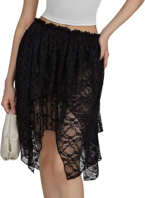 Women Half Slip Mini Skirts Y2K Pleated Ruffle Floral Lace Short Skirts Low Rise Layered Flowy Skirts Streetwear