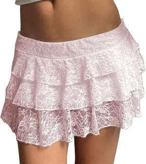 Women Lace Skirts Elastic Low Waist Layered Pleated Mini Skirts Cute Flowy Ruffle Shorts Skirt