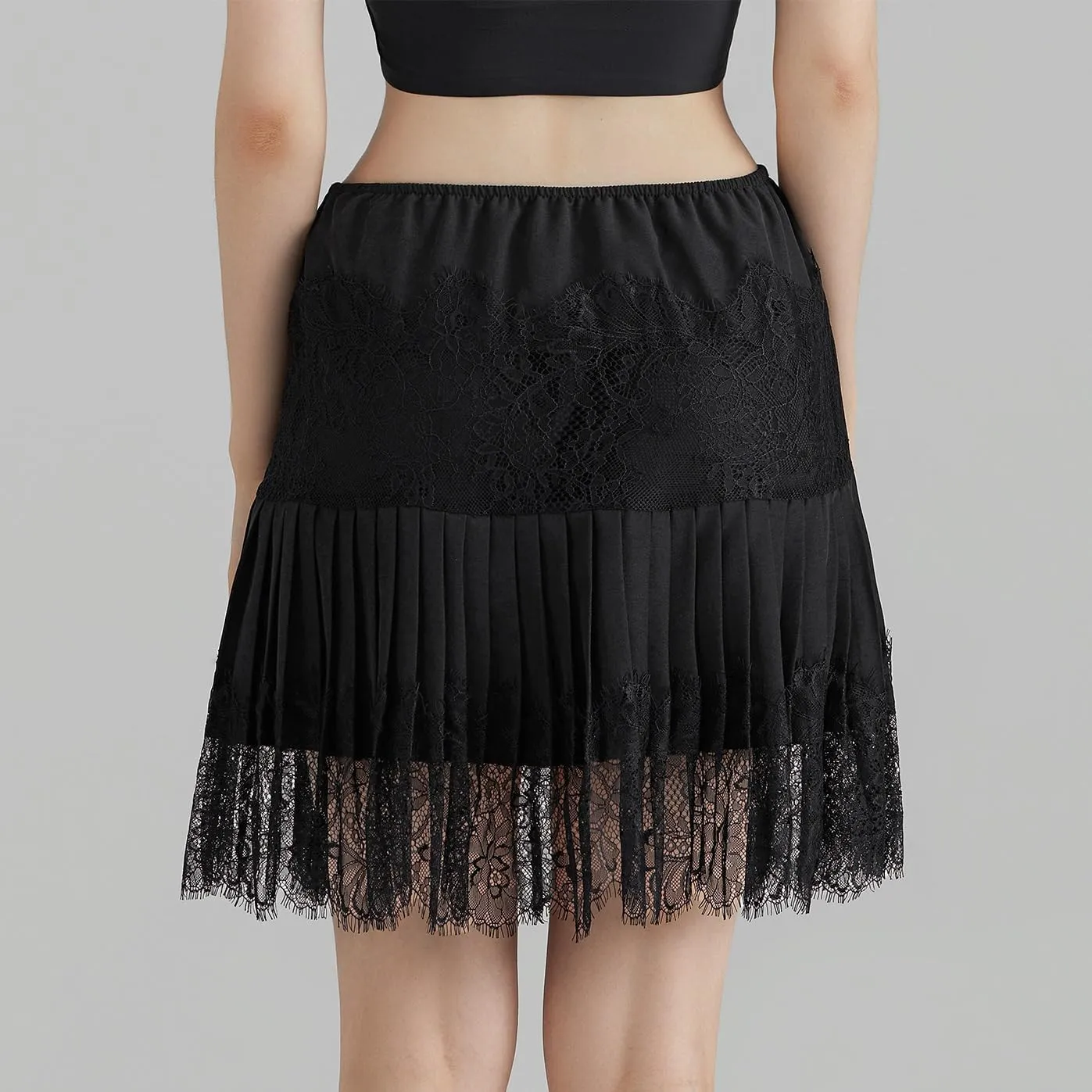 Women Lace Slip Skirt Pleated Flowy Mini Lace Skirts Low Rise Lace Mesh Half Slip Skirt Underskirts