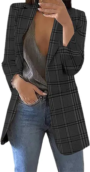 Women Plaid Sweatshirt Blazer Plus Size Notch Lapel Business Work Checkered Suit Jacket Stylish Open Front Cardigan