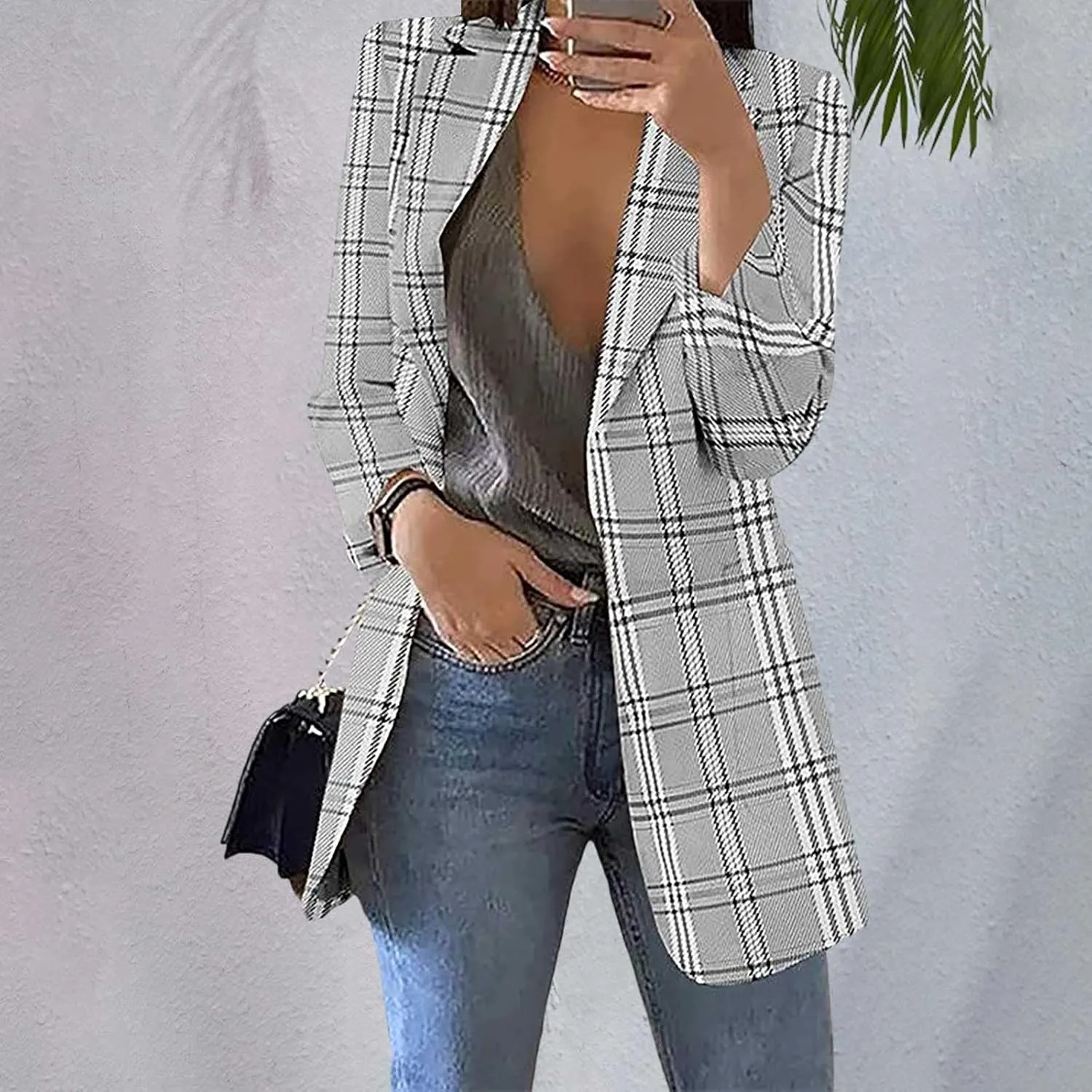 Women Plaid Sweatshirt Blazer Plus Size Notch Lapel Business Work Checkered Suit Jacket Stylish Open Front Cardigan