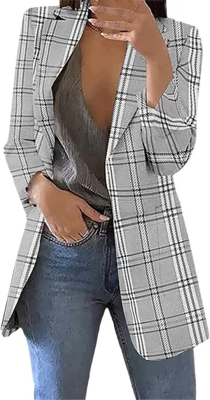 Women Plaid Sweatshirt Blazer Plus Size Notch Lapel Business Work Checkered Suit Jacket Stylish Open Front Cardigan
