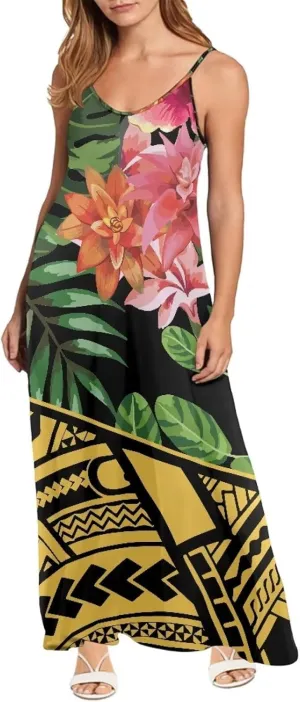 Women Polynesian Traditional Samoan Sling Hawaiian Dress Puletasi Adjustable Spaghetti Strap Casual Maxi Dresses