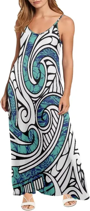 Women Polynesian Traditional Samoan Sling Hawaiian Dress Puletasi Adjustable Spaghetti Strap Casual Maxi Dresses