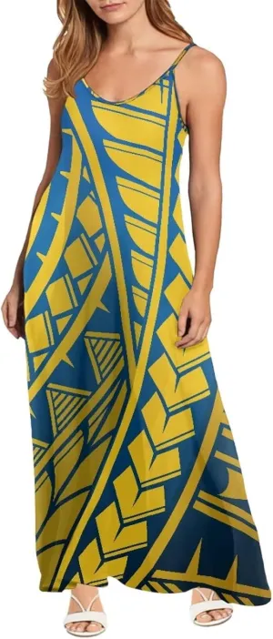 Women Polynesian Traditional Samoan Sling Hawaiian Dress Puletasi Adjustable Spaghetti Strap Casual Maxi Dresses