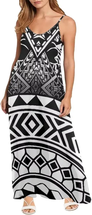 Women Polynesian Traditional Samoan Sling Hawaiian Dress Puletasi Adjustable Spaghetti Strap Casual Maxi Dresses