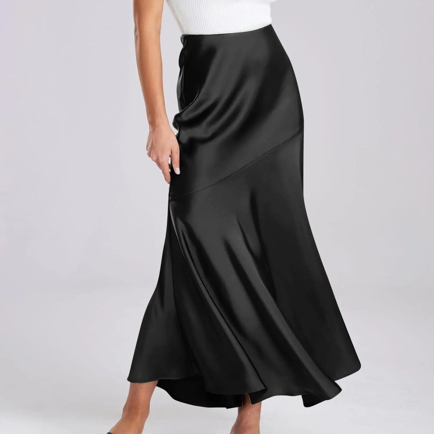 Women Satin Silk Fishtail Skirts High Waist Wrap Maxi Skirt Elastic A Line Length Skirts Elegant Flared Streetwear