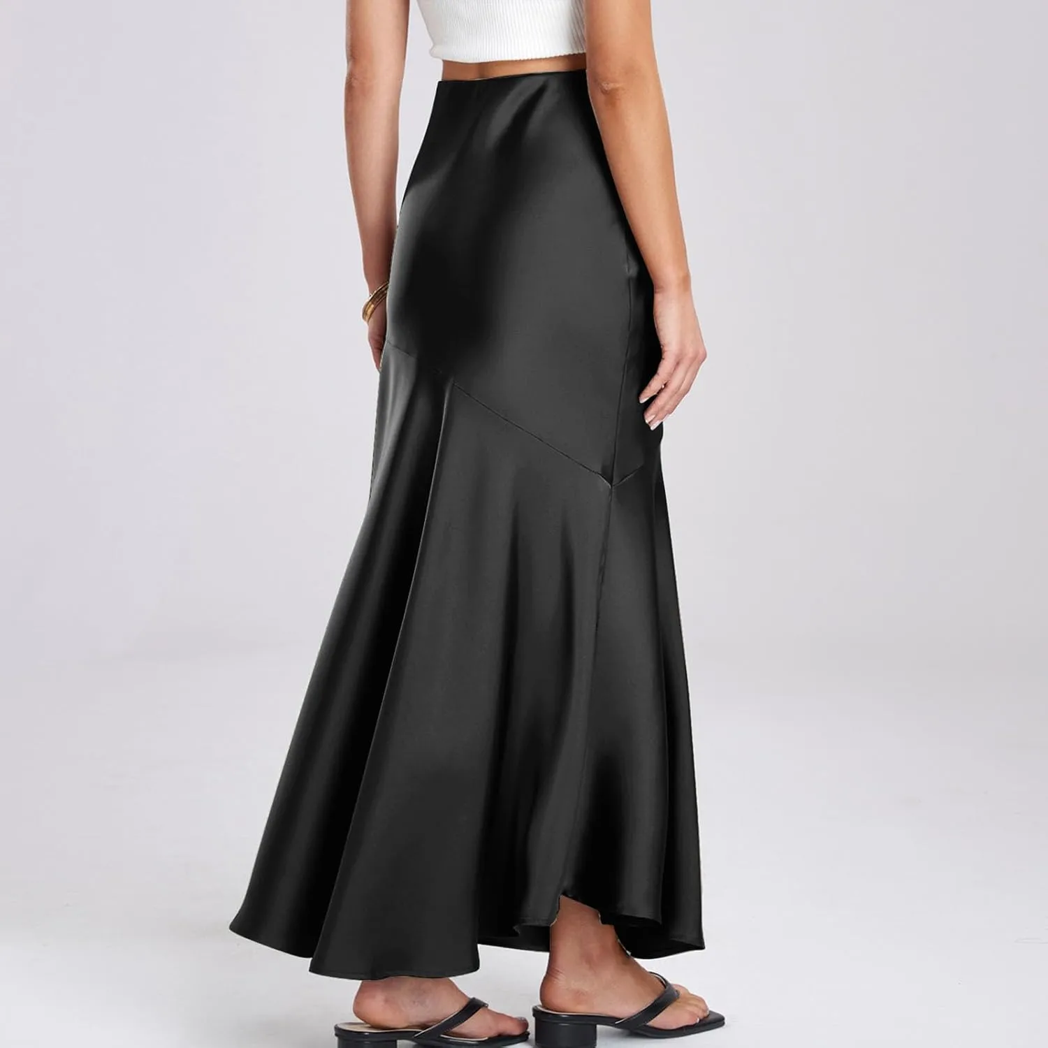 Women Satin Silk Fishtail Skirts High Waist Wrap Maxi Skirt Elastic A Line Length Skirts Elegant Flared Streetwear