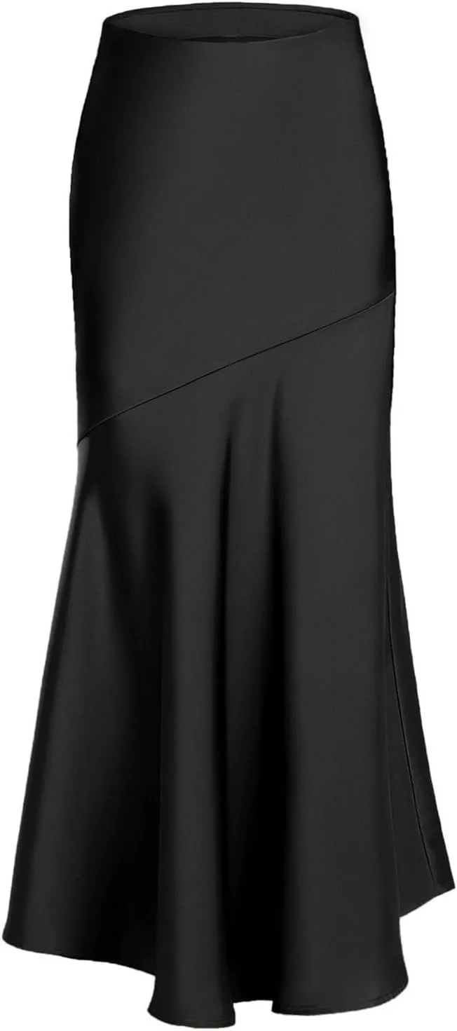 Women Satin Silk Fishtail Skirts High Waist Wrap Maxi Skirt Elastic A Line Length Skirts Elegant Flared Streetwear