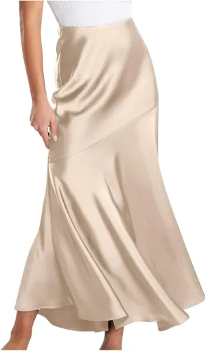Women Satin Silk Fishtail Skirts High Waist Wrap Maxi Skirt Elastic A Line Length Skirts Elegant Flared Streetwear