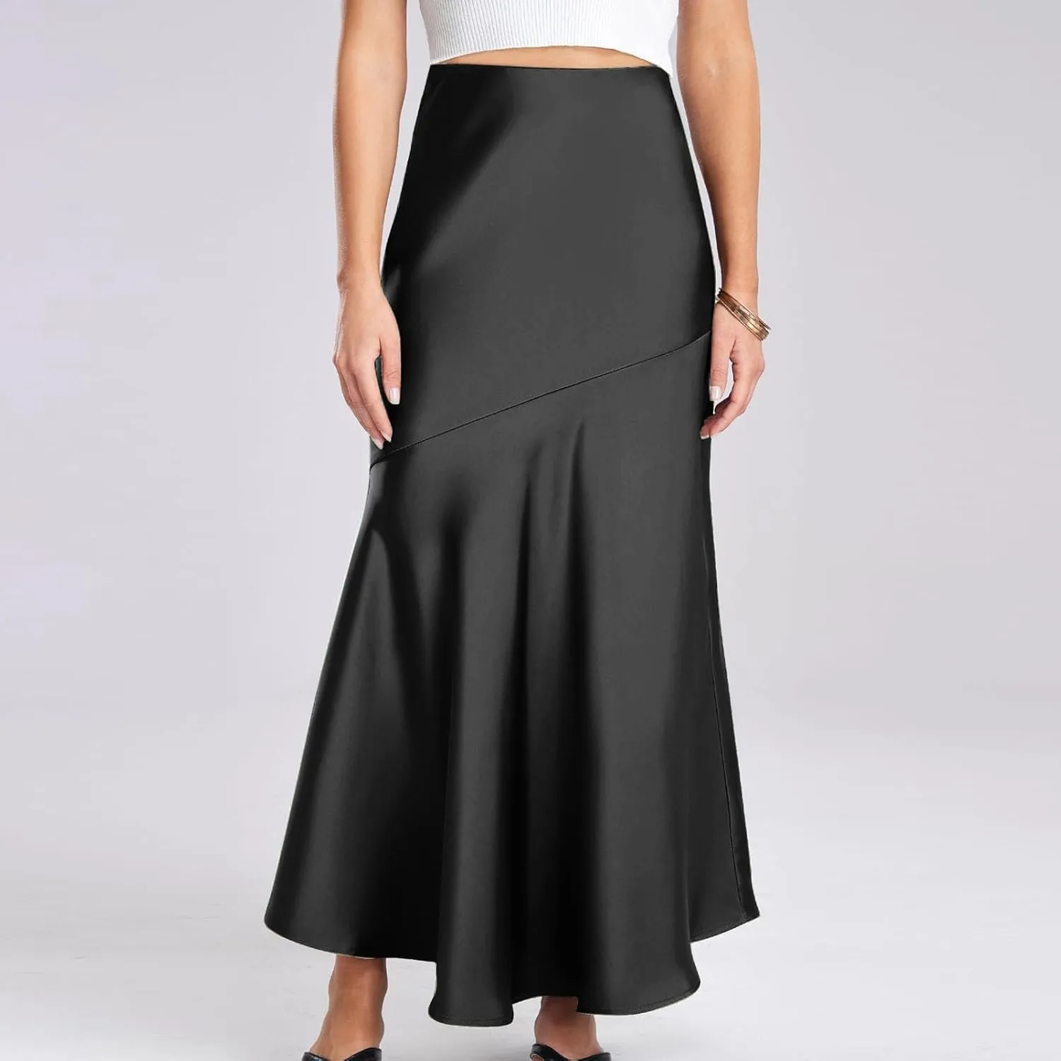 Women Satin Silk Fishtail Skirts High Waist Wrap Maxi Skirt Elastic A Line Length Skirts Elegant Flared Streetwear