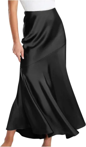 Women Satin Silk Fishtail Skirts High Waist Wrap Maxi Skirt Elastic A Line Length Skirts Elegant Flared Streetwear