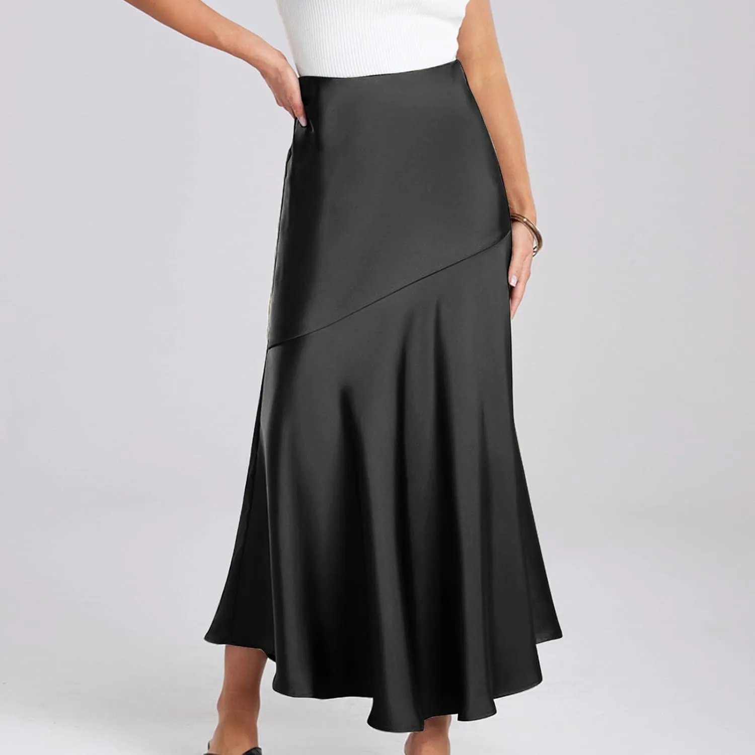 Women Satin Silk Fishtail Skirts High Waist Wrap Maxi Skirt Elastic A Line Length Skirts Elegant Flared Streetwear