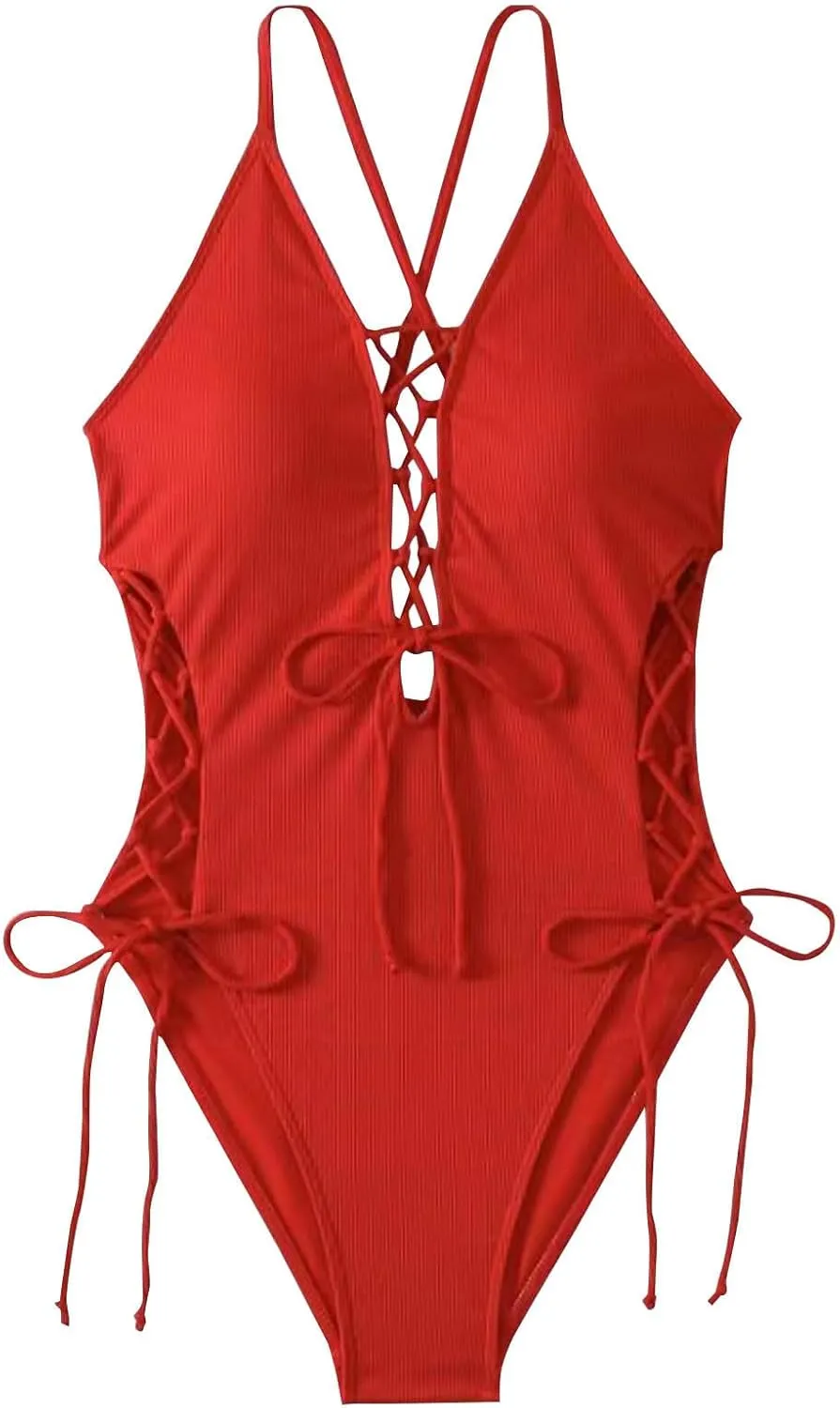 Women Sexy Lace Up One Piece Swimsuit Deep Plunge V Neck High Cut Bathing Suit Backless Beach Travel Monokini Swimwear