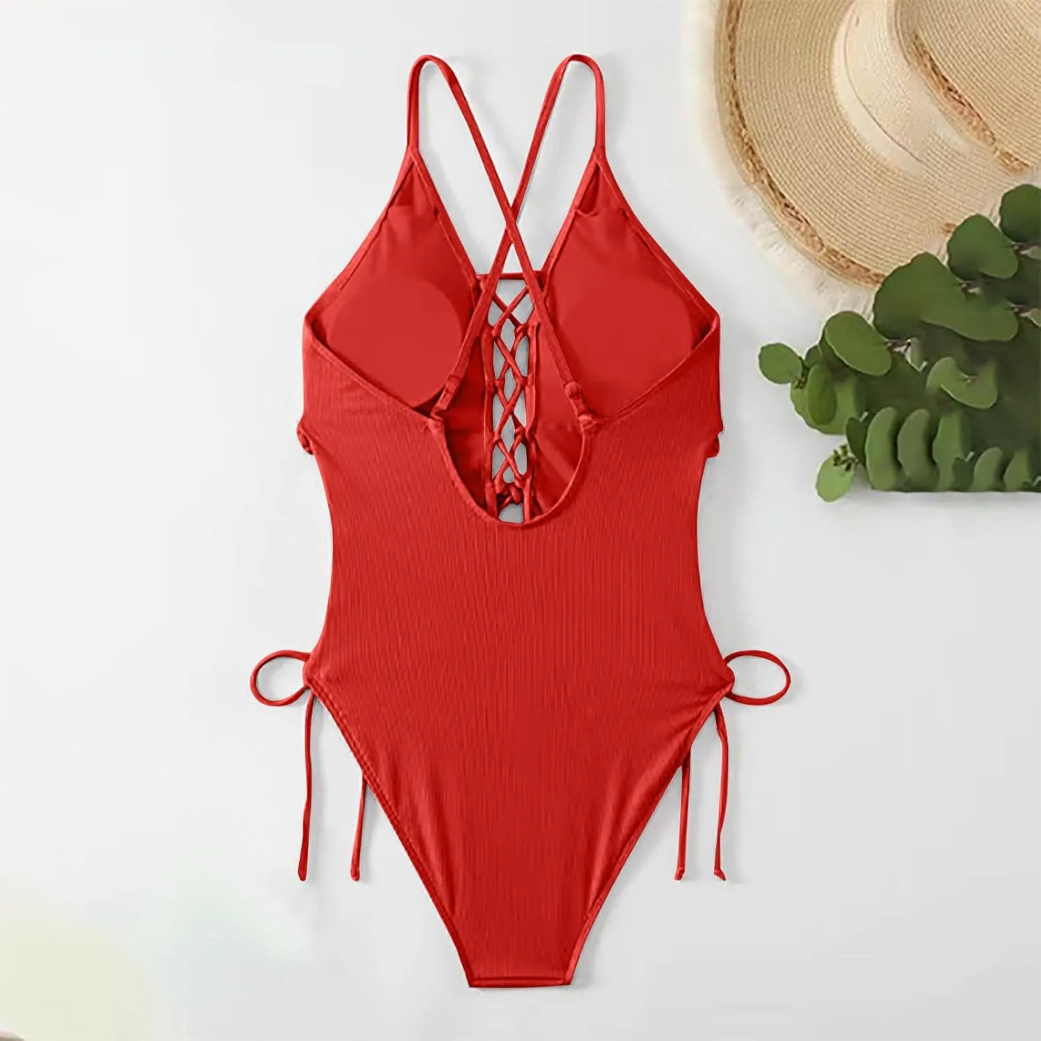 Women Sexy Lace Up One Piece Swimsuit Deep Plunge V Neck High Cut Bathing Suit Backless Beach Travel Monokini Swimwear