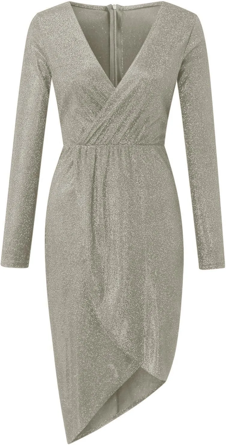 Women Sexy Sequin Dresses Sparkly Glitter Ruched Party Club Dress Long Sleeve Wrap V-Neck Cocktail Bodycon Midi Dress
