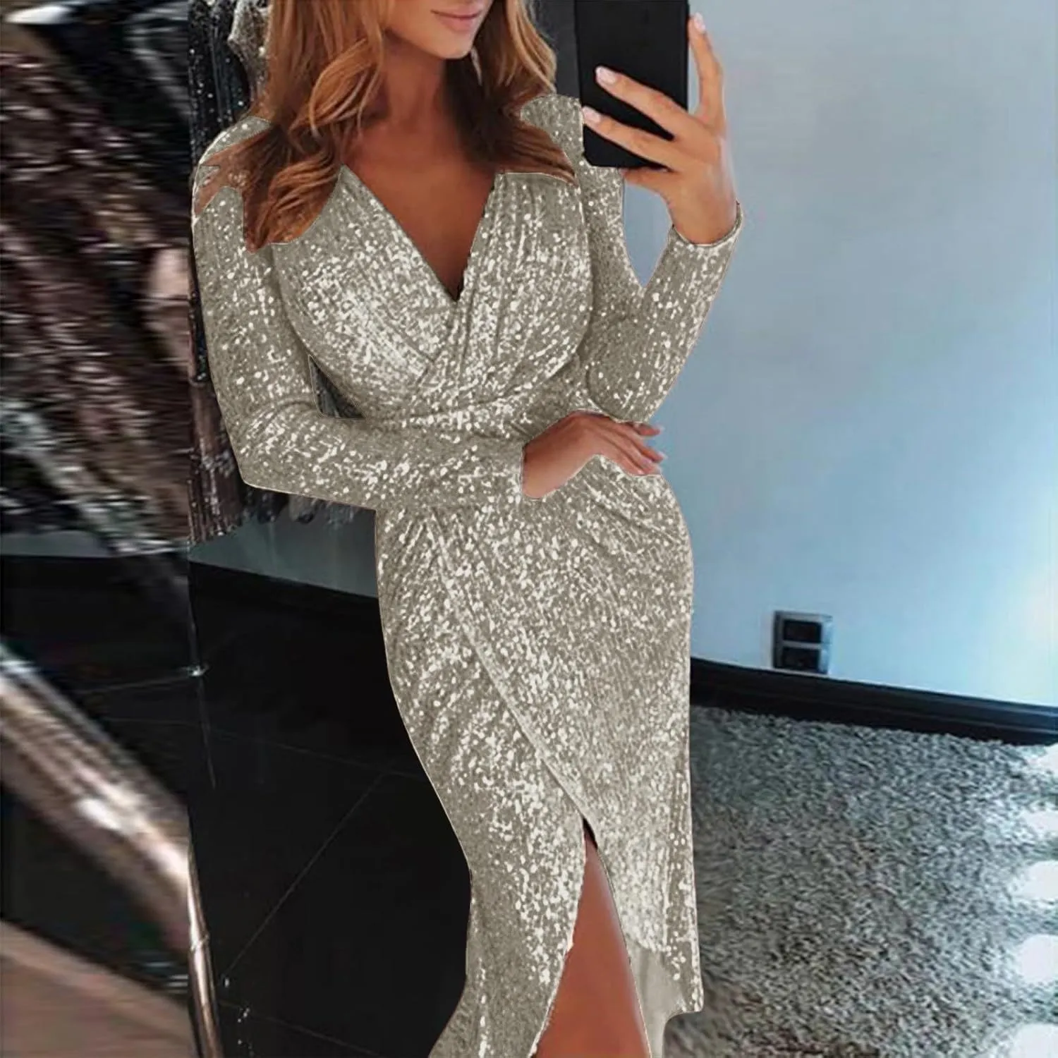 Women Sexy Sequin Dresses Sparkly Glitter Ruched Party Club Dress Long Sleeve Wrap V-Neck Cocktail Bodycon Midi Dress