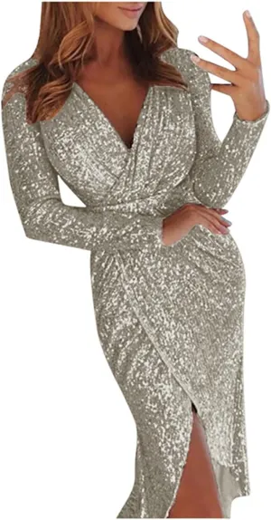Women Sexy Sequin Dresses Sparkly Glitter Ruched Party Club Dress Long Sleeve Wrap V-Neck Cocktail Bodycon Midi Dress