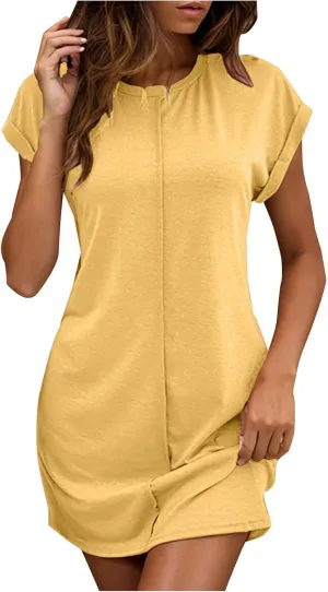 Women Solid Color Casual Mini Dress, Summer Short Sleeve Crewneck Vacation Clothes Soft Comfy Loose Breathable Dresses