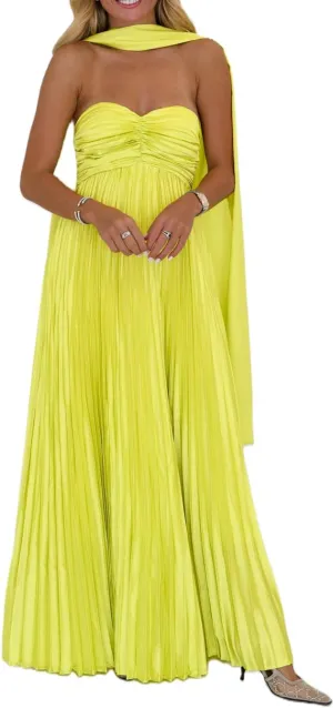 Women Strapless Prom Maxi Dress with Scarf Mesh Flowy Long Tube Dress Sleeveless Off Shoulder Formal Party Dresses