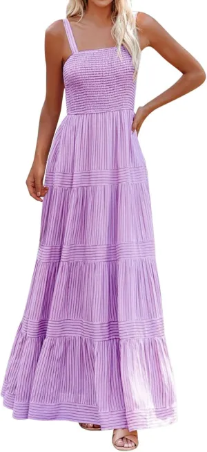 Women Striped Dresses Trendy Sleeveless Maxi Dress Swing Aline Midi Dress Backless Smocked Strap Boho Flowy Sundress