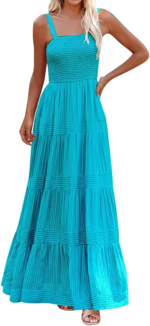 Women Striped Dresses Trendy Sleeveless Maxi Dress Swing Aline Midi Dress Backless Smocked Strap Boho Flowy Sundress