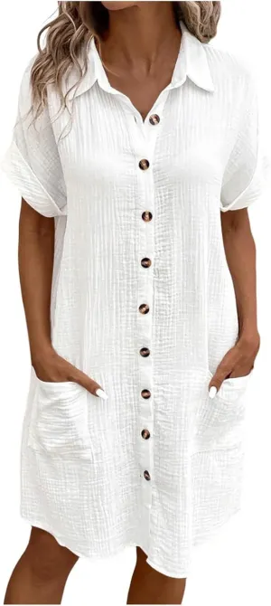 Women Summer 2025 Shirt Dress Button Down Short Sleeve Fashion Casual Fit Skirts with Pockets Church Work Dresses