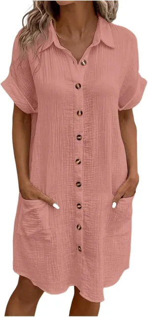 Women Summer 2025 Shirt Dress Button Down Short Sleeve Fashion Casual Fit Skirts with Pockets Church Work Dresses