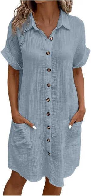 Women Summer 2025 Shirt Dress Button Down Short Sleeve Fashion Casual Fit Skirts with Pockets Church Work Dresses