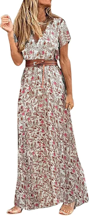 Women Summer Bohemian Floral Casual Wrap V Neck Ruffle Cap Sleeveless Belt A-Line Pleated Hem Midi Sun Dress White